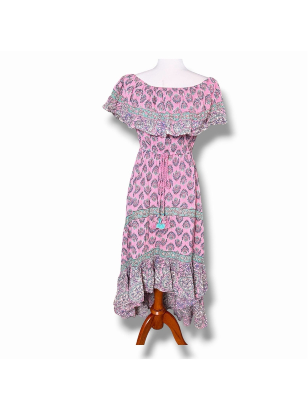 Piti Cuiti LG Pink Blue Off Shoulder Beaded Hi-Low Midi Dress Boho Coastal Beach